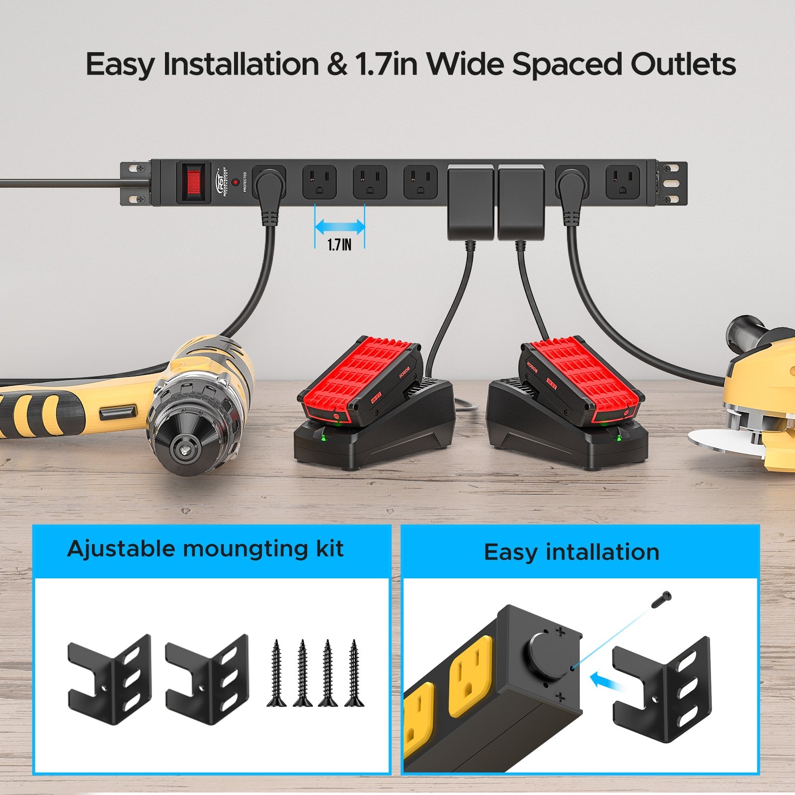 CRST 8-Outlet Mountable Metal Power Strip | 4-Way Bracket Mount, 2100J Surge Protector, 45° Flat Plug, Wide-Spaced Outlets, ETL Listed