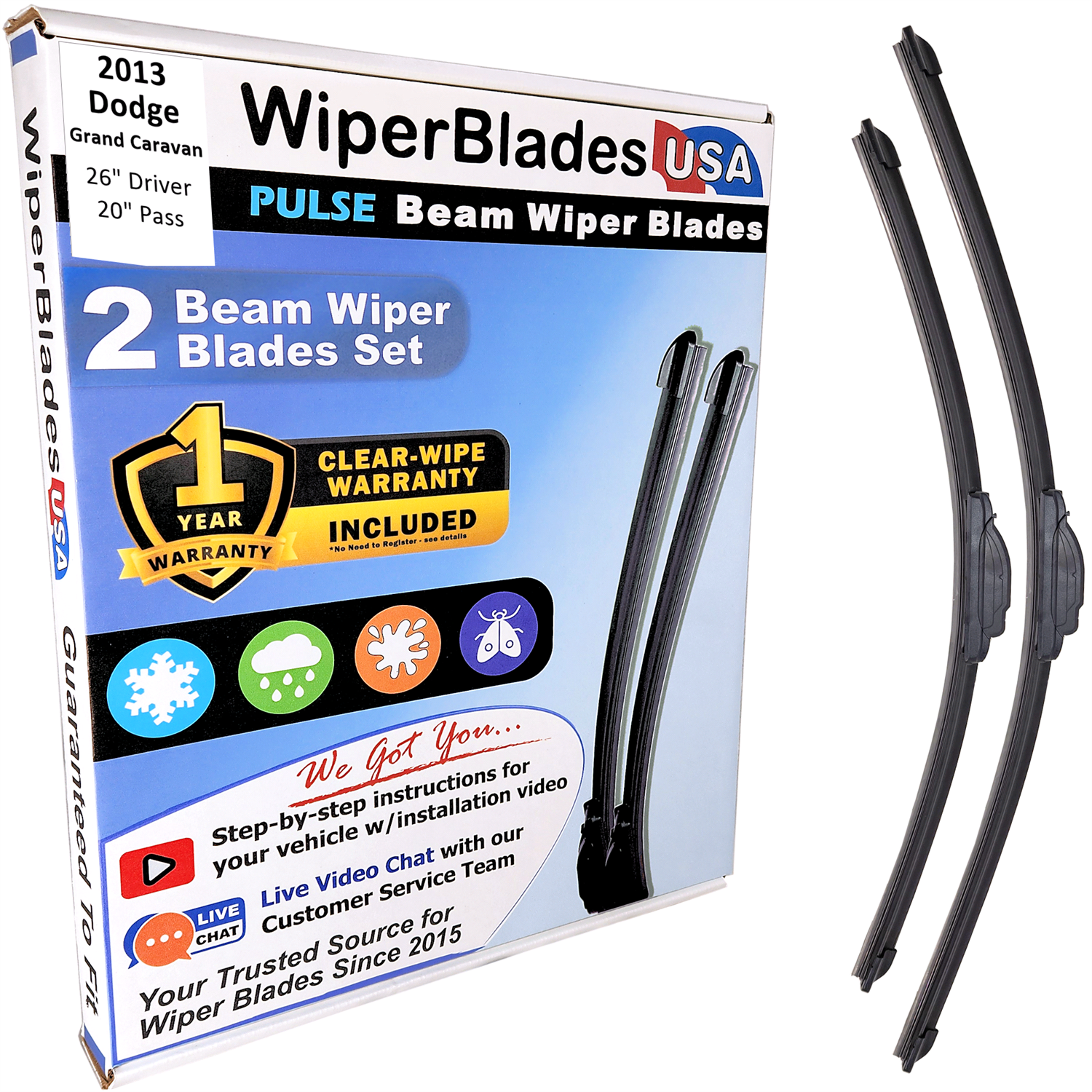 2013 Dodge Grand Caravan Wiper Blades w/1yr Wear Warranty (Set of 2) Wipers