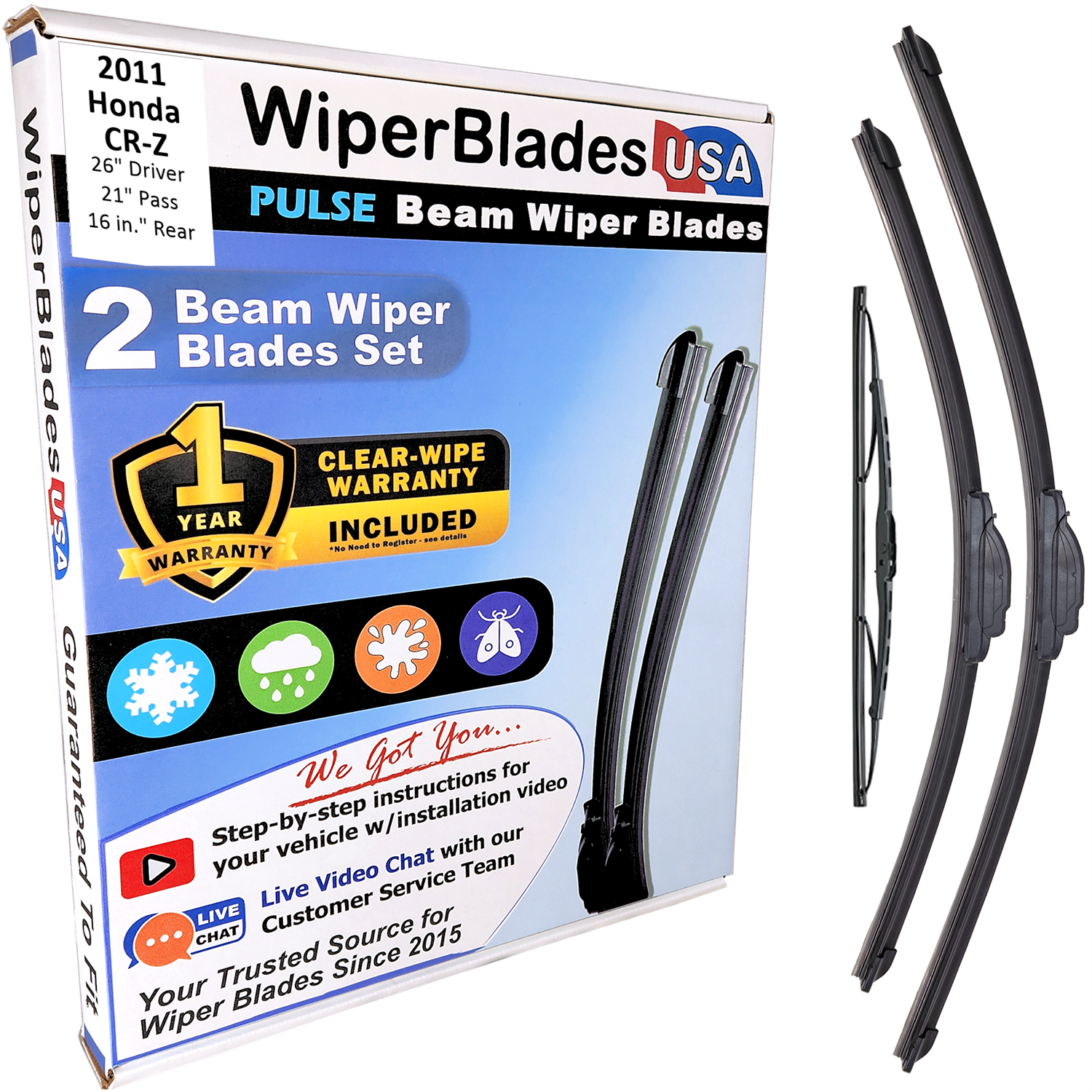 2011 Honda CR-Z Wiper Blades w/1yr Wear Warranty (Set of 3) w/Rear Wipers