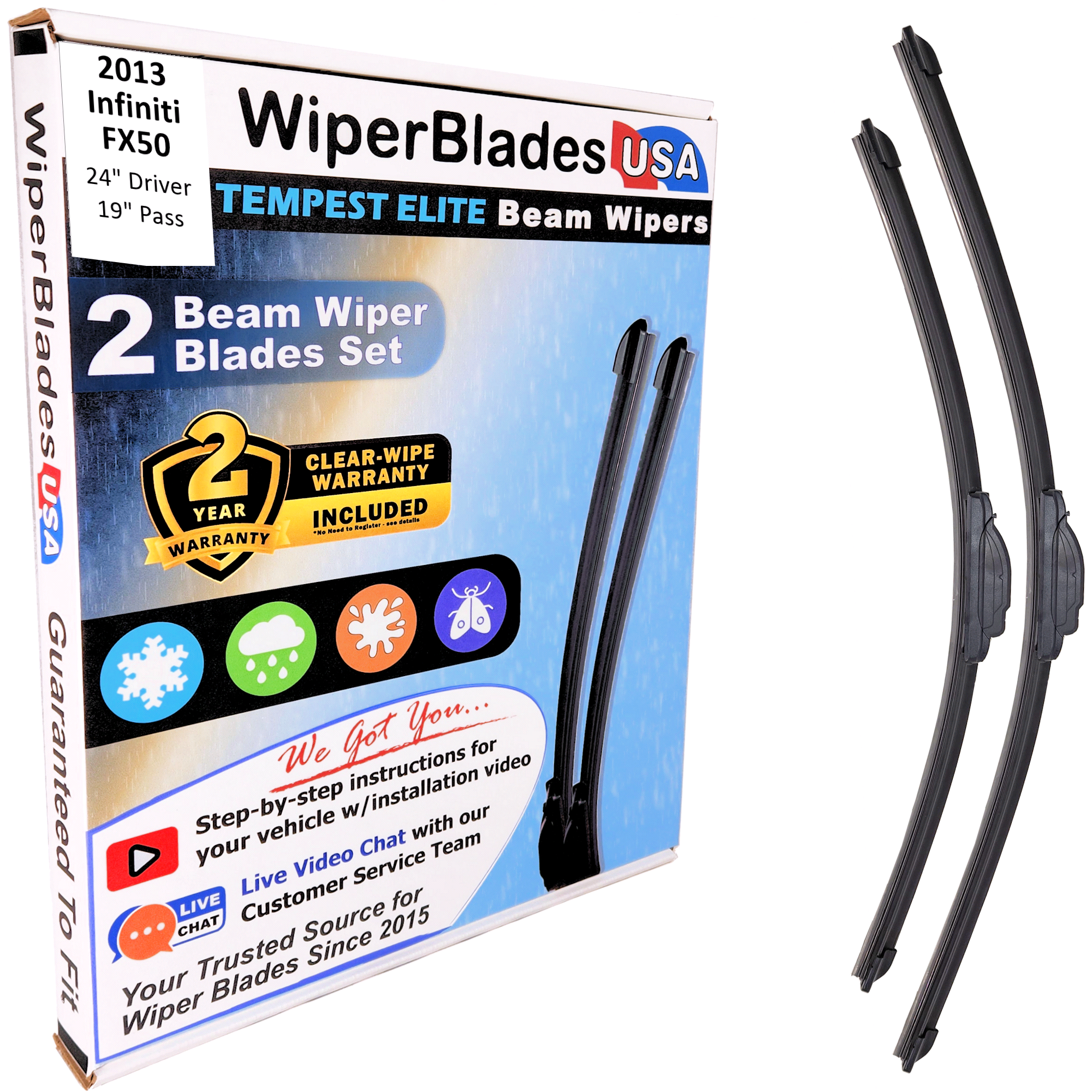 2013 Infiniti FX50 Wiper Blades Set w/2yr Wear Warranty (Set of 2) Tempest Elite