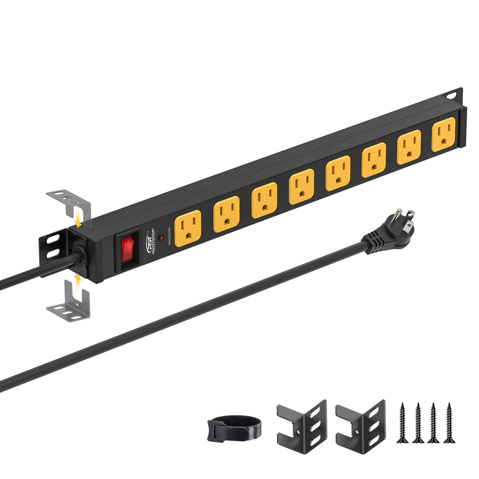 CRST 8-Outlet Mountable Metal Power Strip | 4-Way Bracket Mount, 2100J Surge Protector, 45° Flat Plug, Wide-Spaced Outlets, ETL Listed
